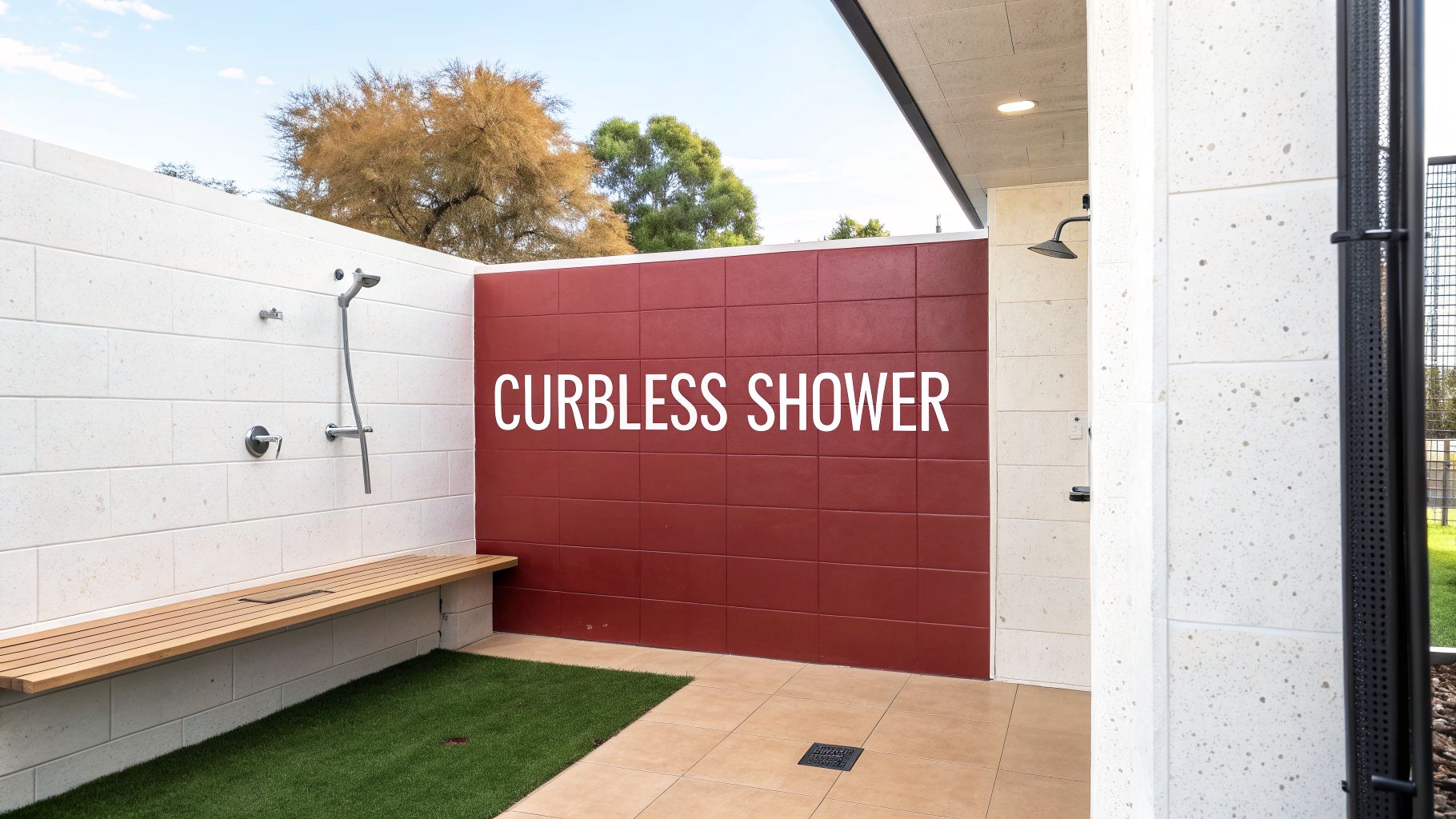 Outdoor curbless shower with white and red tiled walls, a wooden bench, and two shower heads.