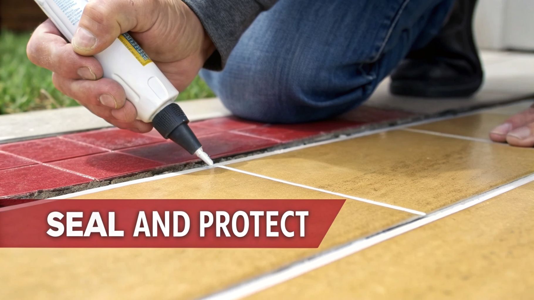 Close-up of a person's hand applying white sealant to grout lines between outdoor patio tiles.
