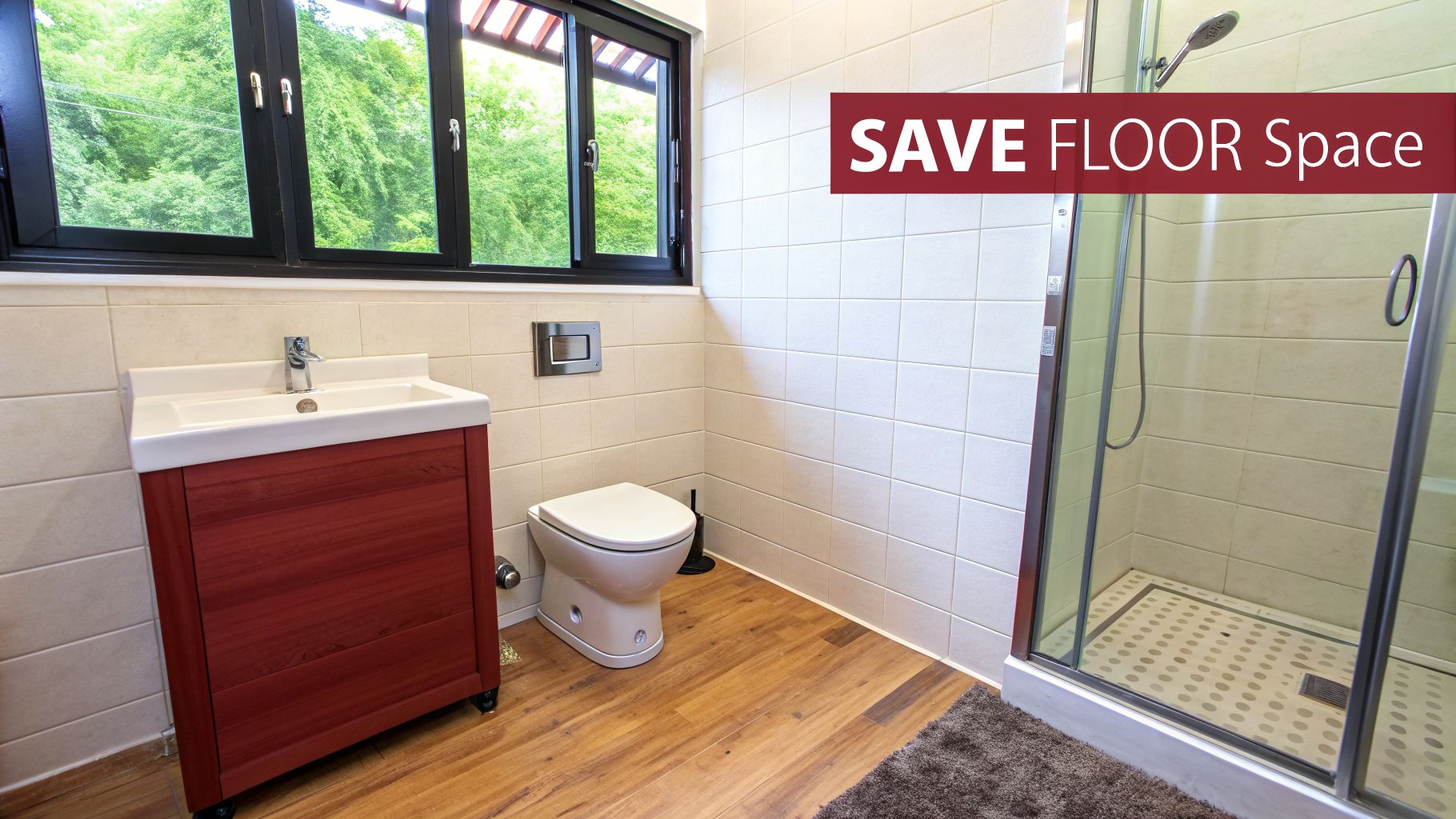 A compact bathroom with a red vanity, wall-mounted toilet, and shower, designed to save floor space.