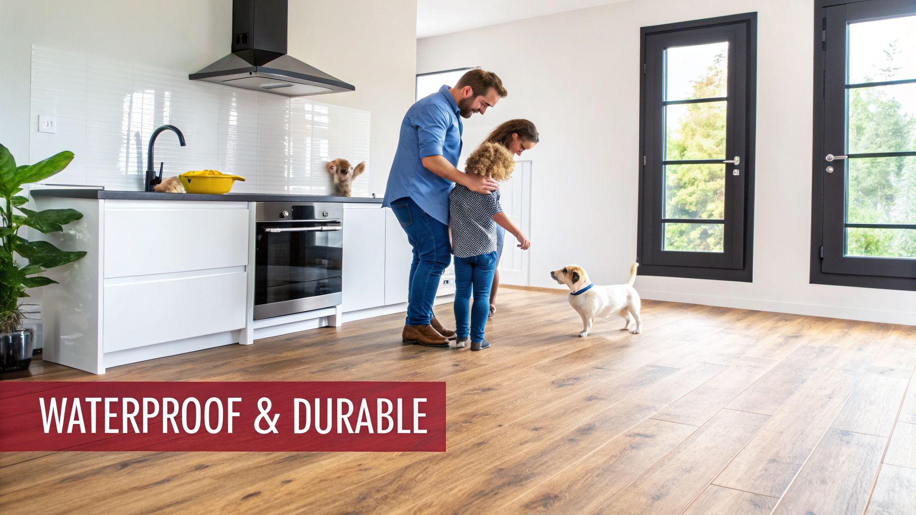 Man, girl, and dog stand on waterproof and durable wood-look LVP flooring in a modern kitchen.