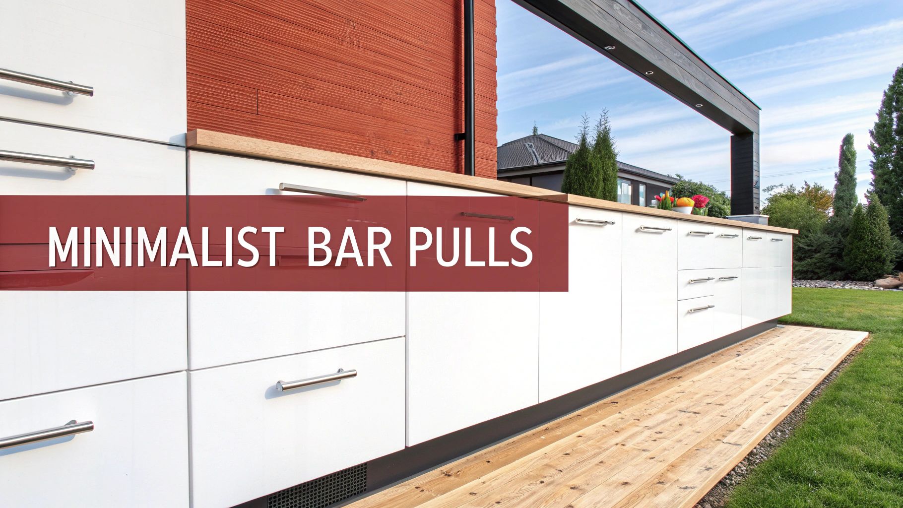 Minimalist outdoor kitchen cabinets with sleek bar pulls and a wooden countertop under a blue sky.