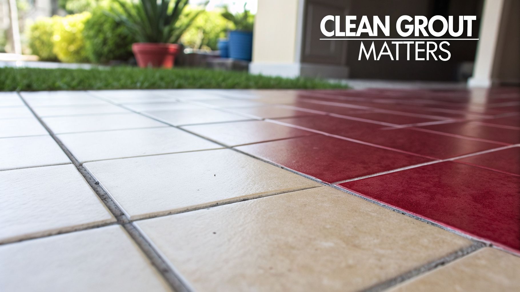 Tiled outdoor floor showing a clean, red section and a dirty, light section with text 'Clean Grout Matters'.