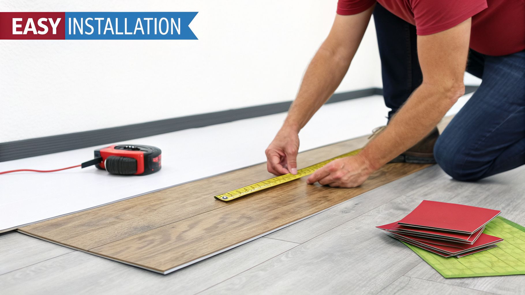 A person measures a wood-look luxury vinyl plank (LVP) on the floor, highlighting easy installation.