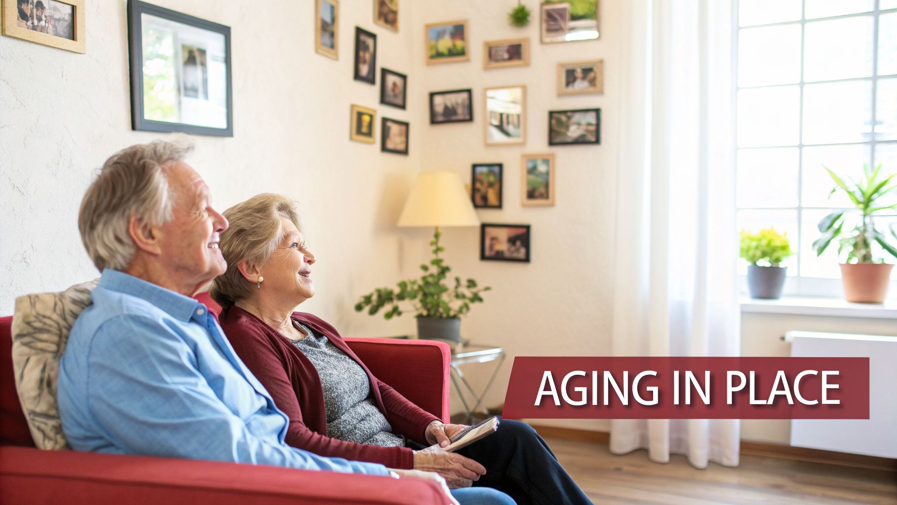 A smiling senior couple relaxes comfortably on a red couch in their home, embodying aging in place.
