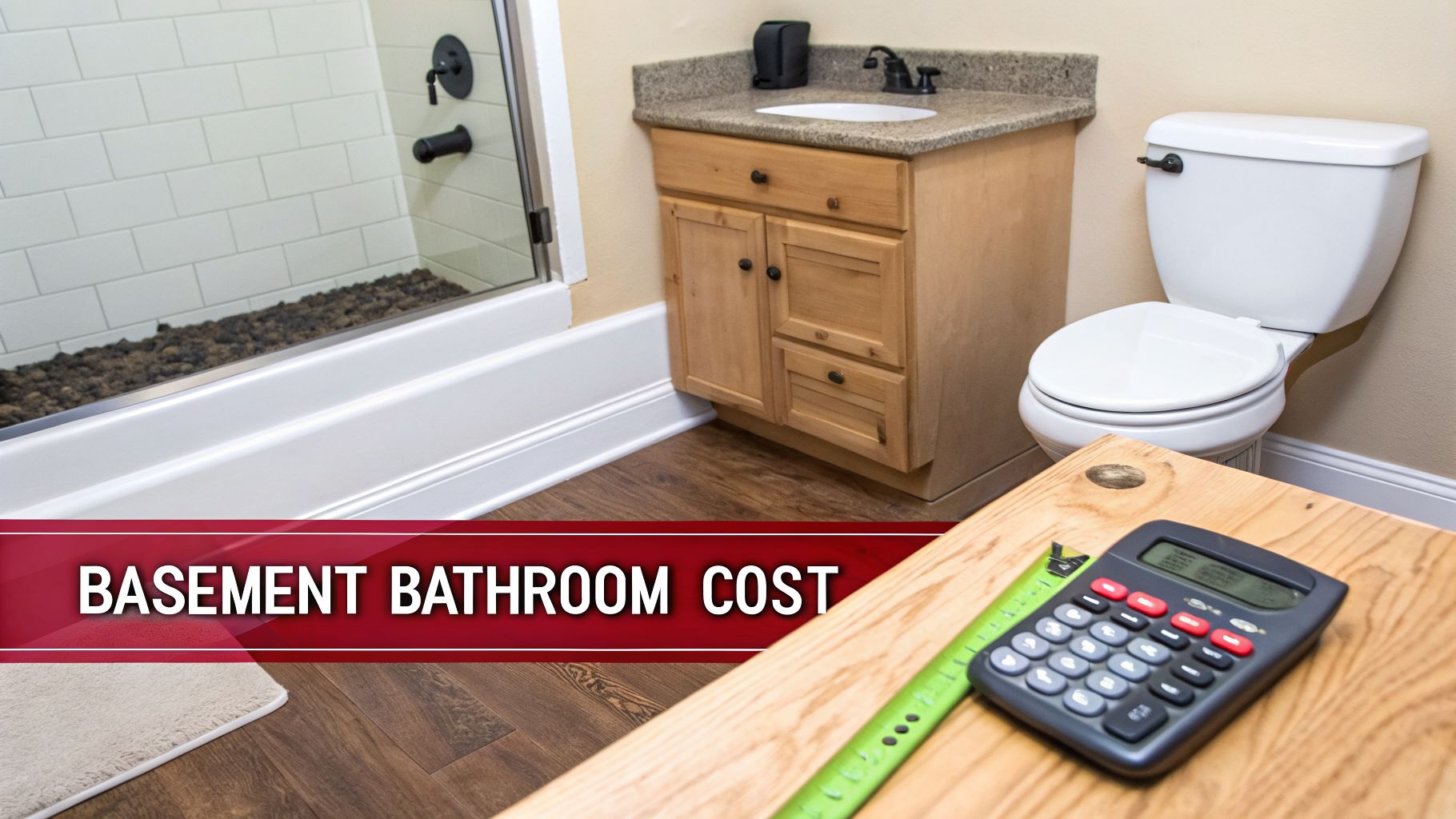 A basement bathroom featuring a shower, vanity, and toilet, with tools for cost estimation.