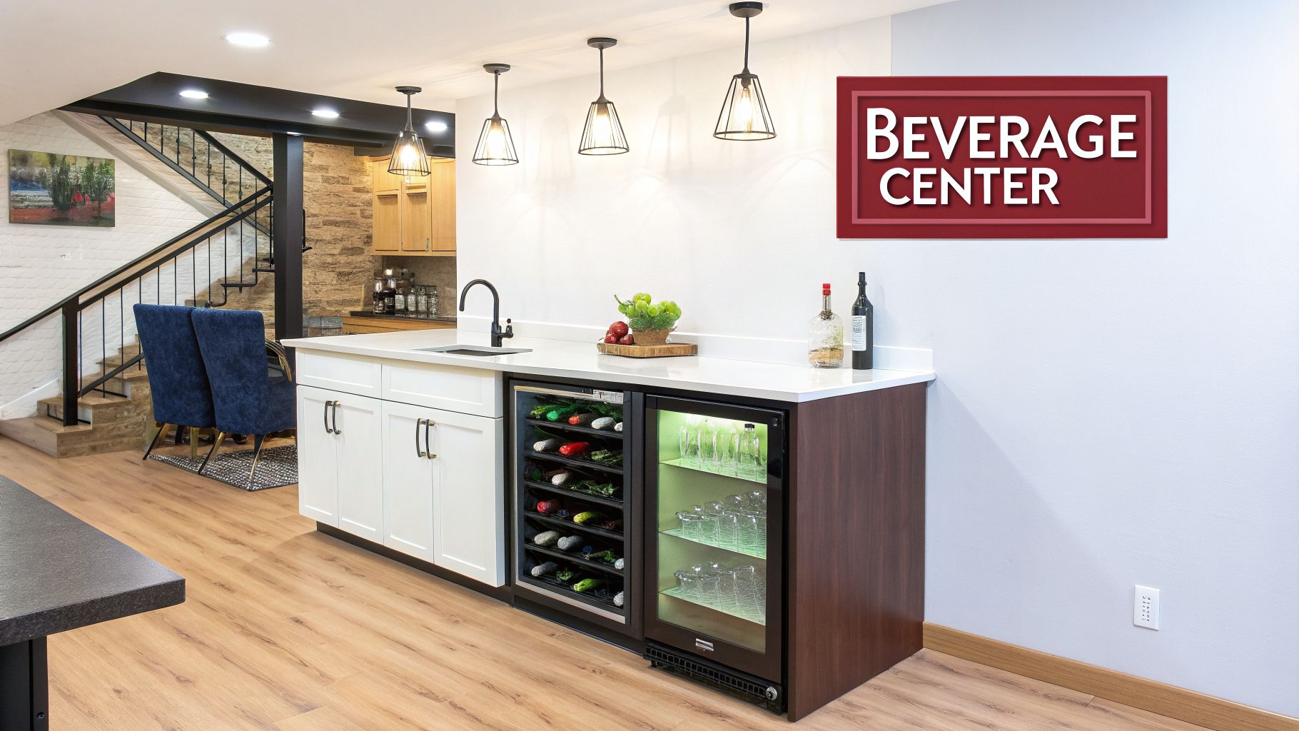Modern basement beverage center with white cabinets, sink, wine cooler, and glass fridge.