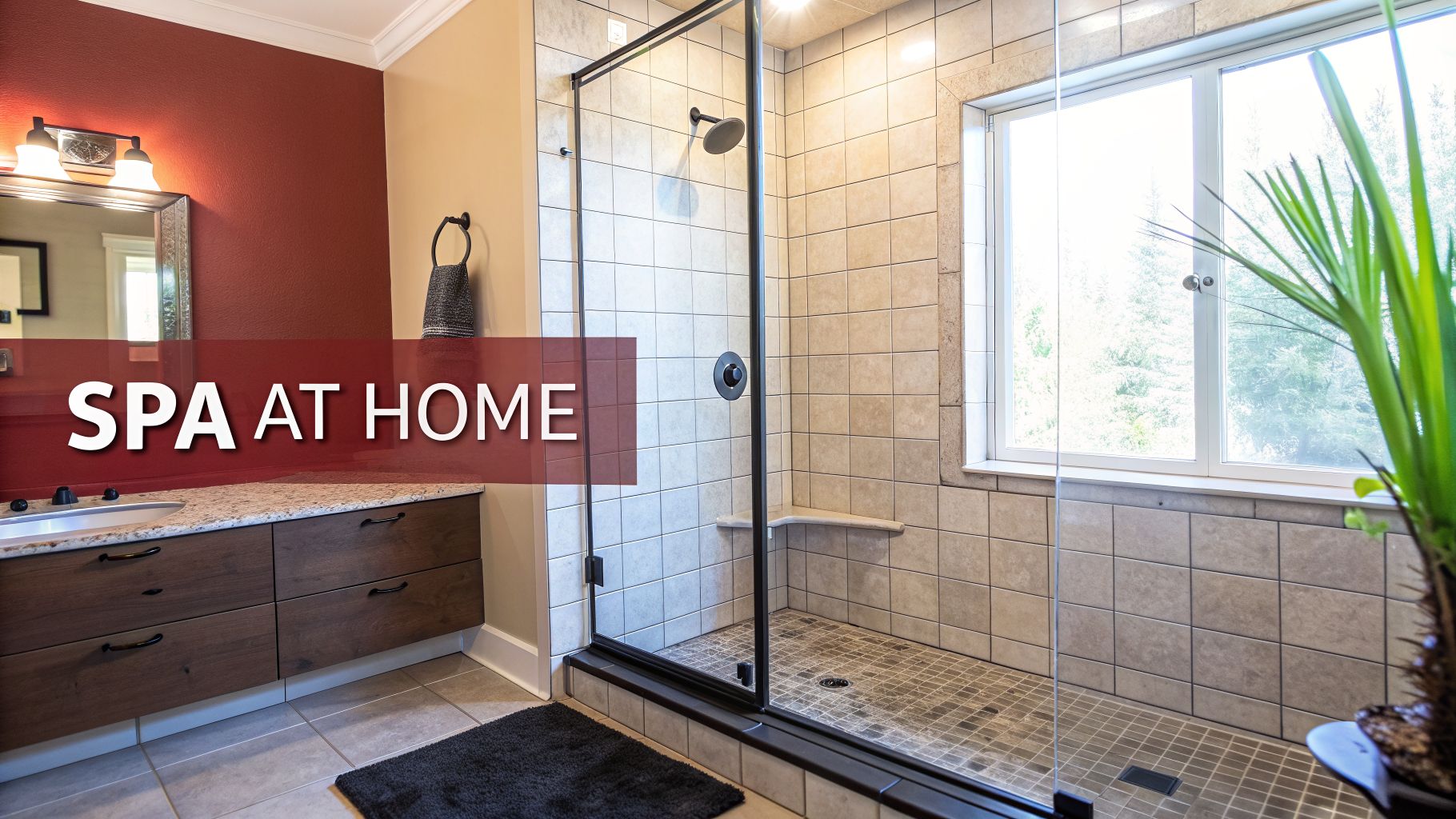 A modern bathroom with a walk-in shower, granite vanity, and large window.