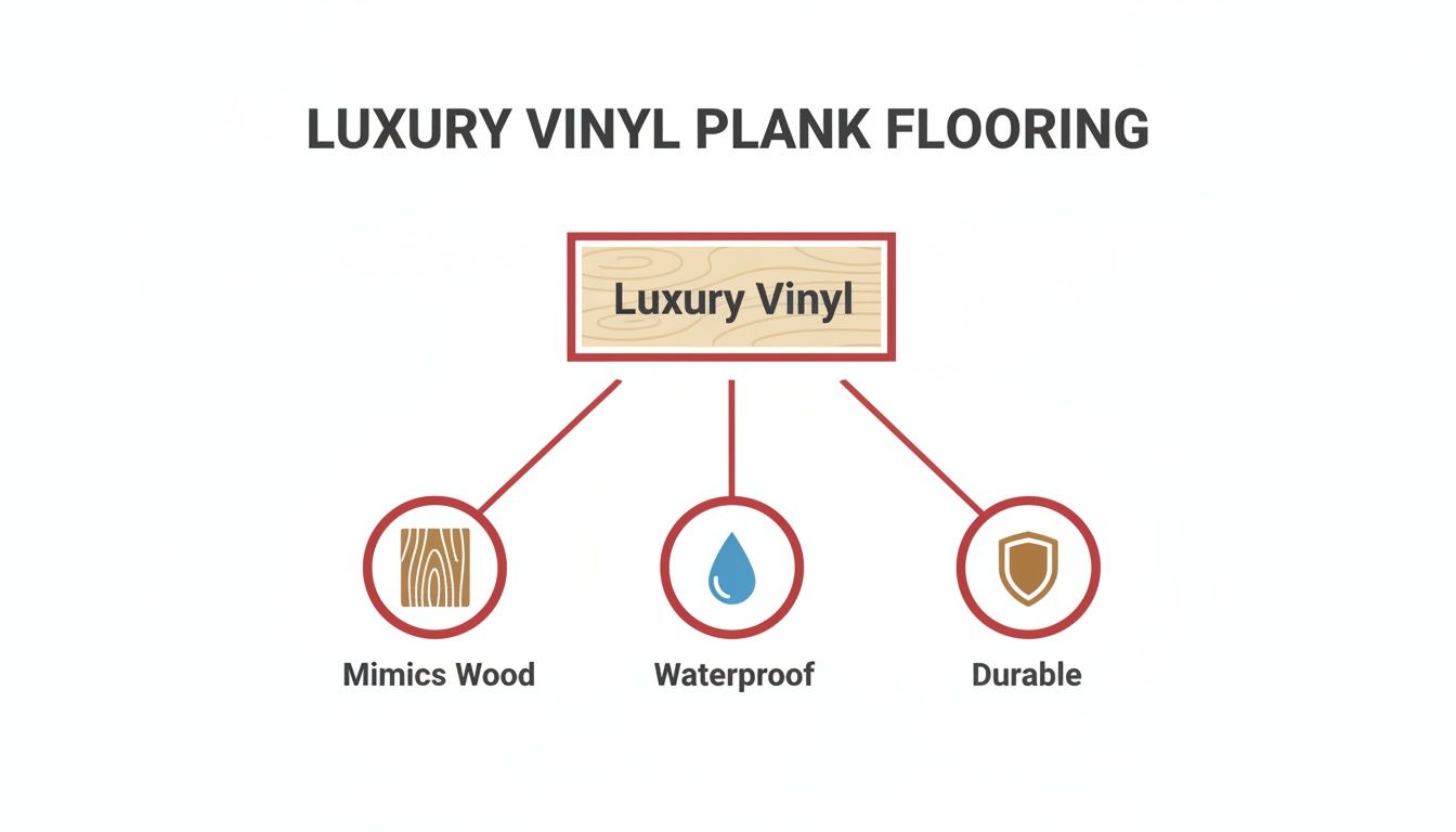 Diagram explaining luxury vinyl plank flooring, highlighting its wood-mimicking, waterproof, and durable features.