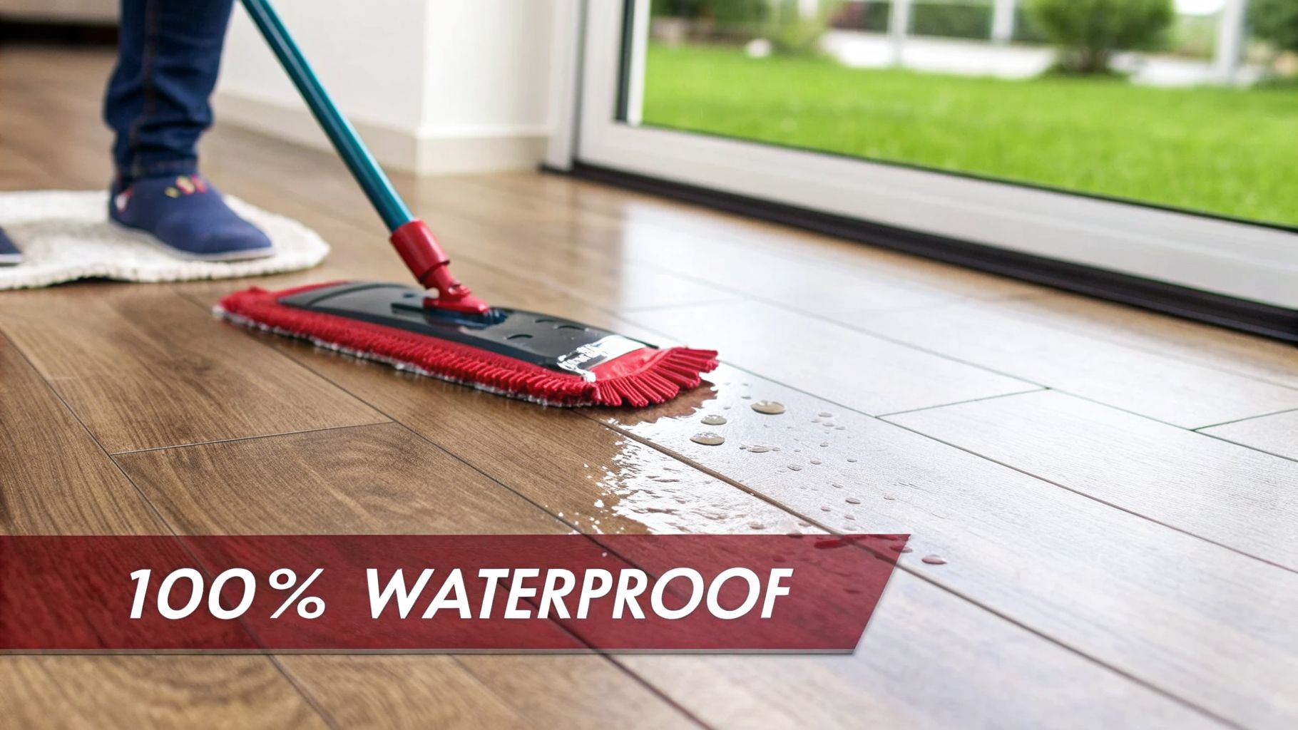 A person mops a wood-look floor with water droplets, emphasizing its 100% waterproof nature.