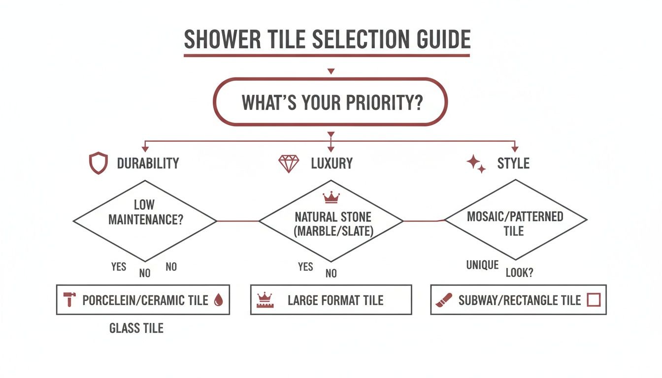 Flowchart guiding shower tile selection based on priorities like durability, luxury, and style.