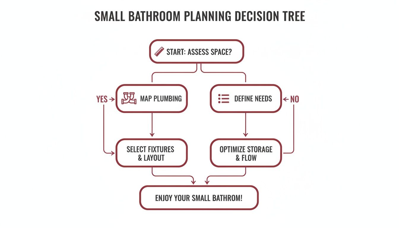 A flowchart illustrating a small bathroom planning decision tree from assessing space to enjoying the new bathroom.