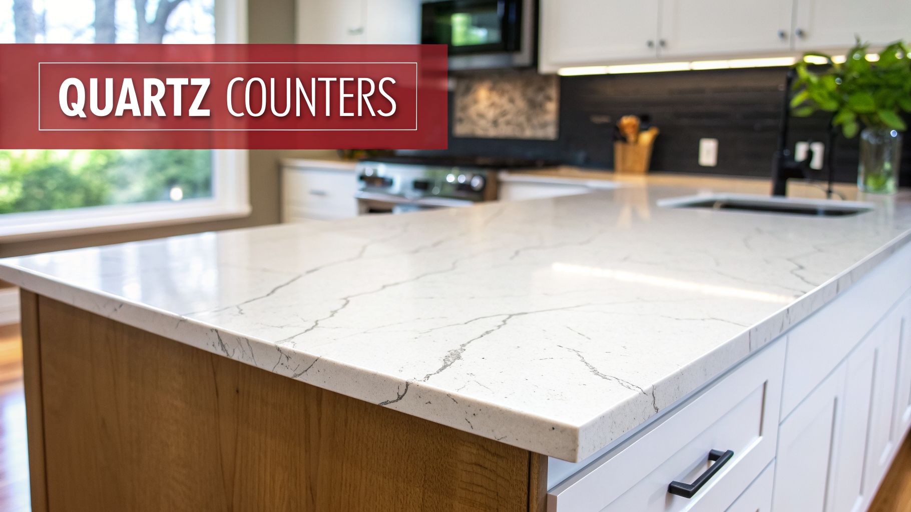 Bright, contemporary kitchen featuring a large island with elegant white quartz countertops and a wooden base.