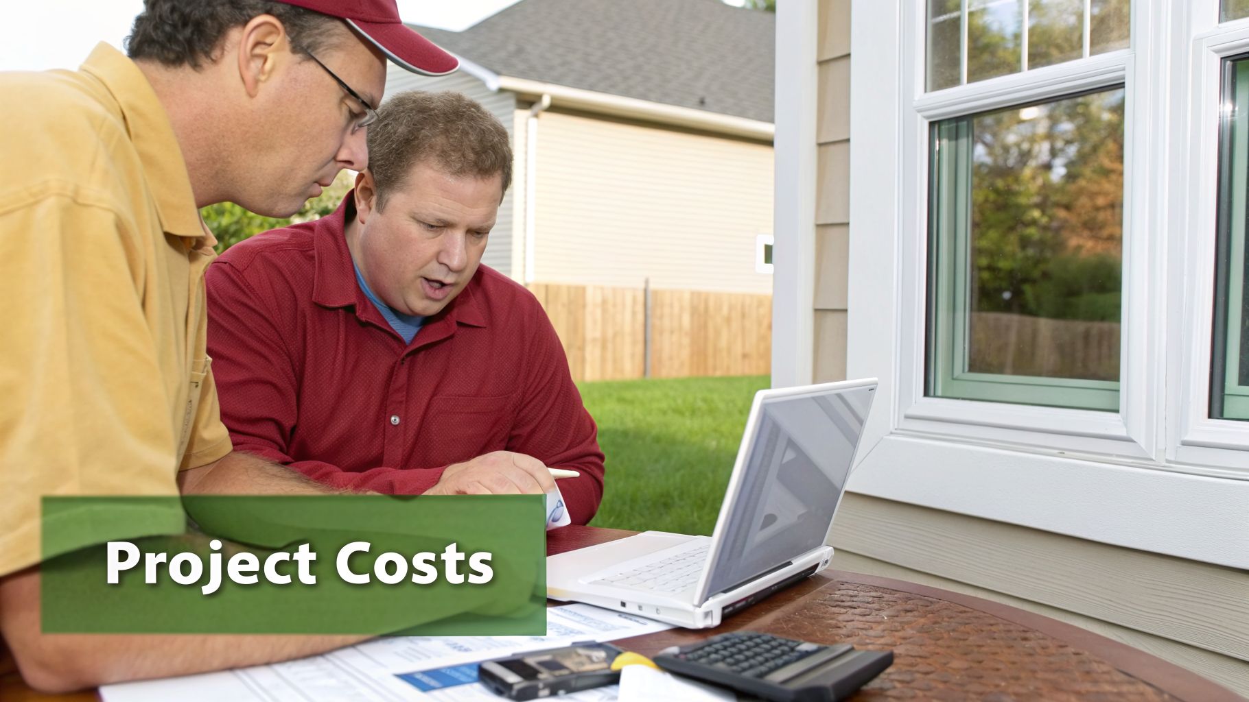 Two men reviewing project costs on a laptop and documents outside a house, planning home improvements.