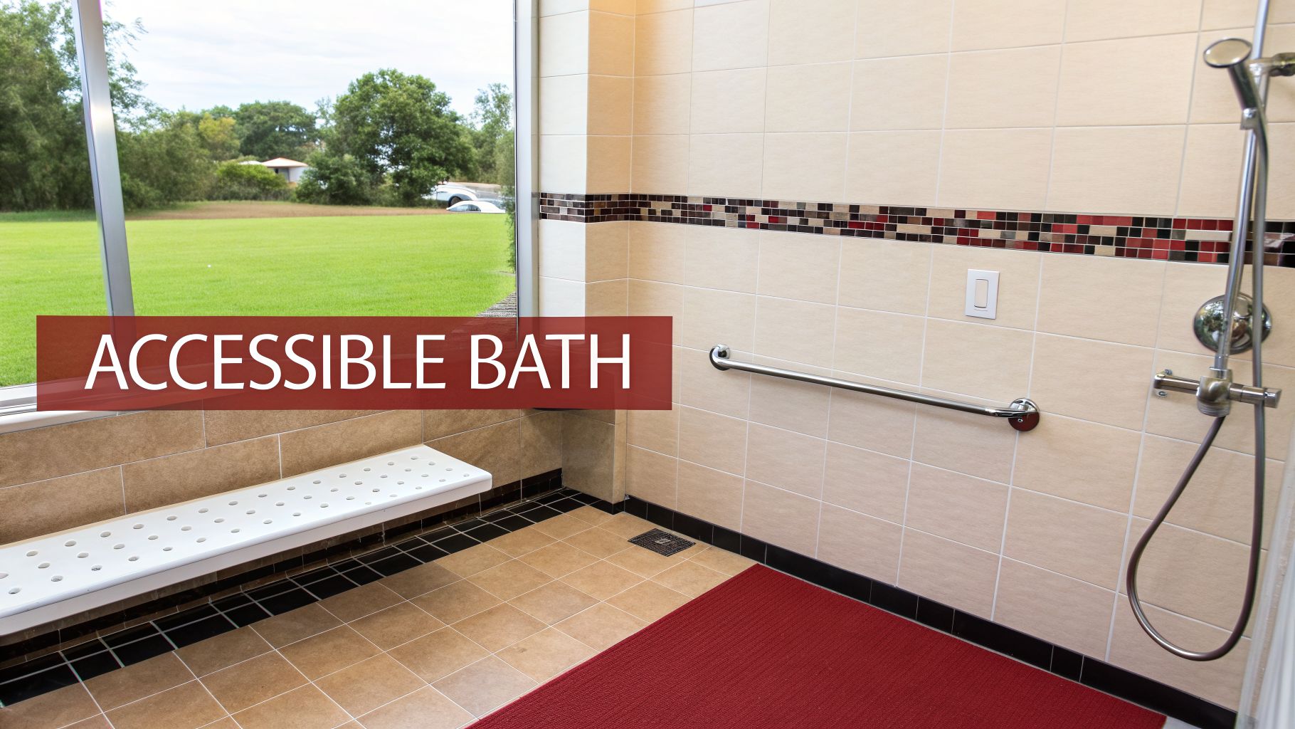 A spacious accessible bathroom featuring a roll-in shower, grab bar, and a long white shower bench.