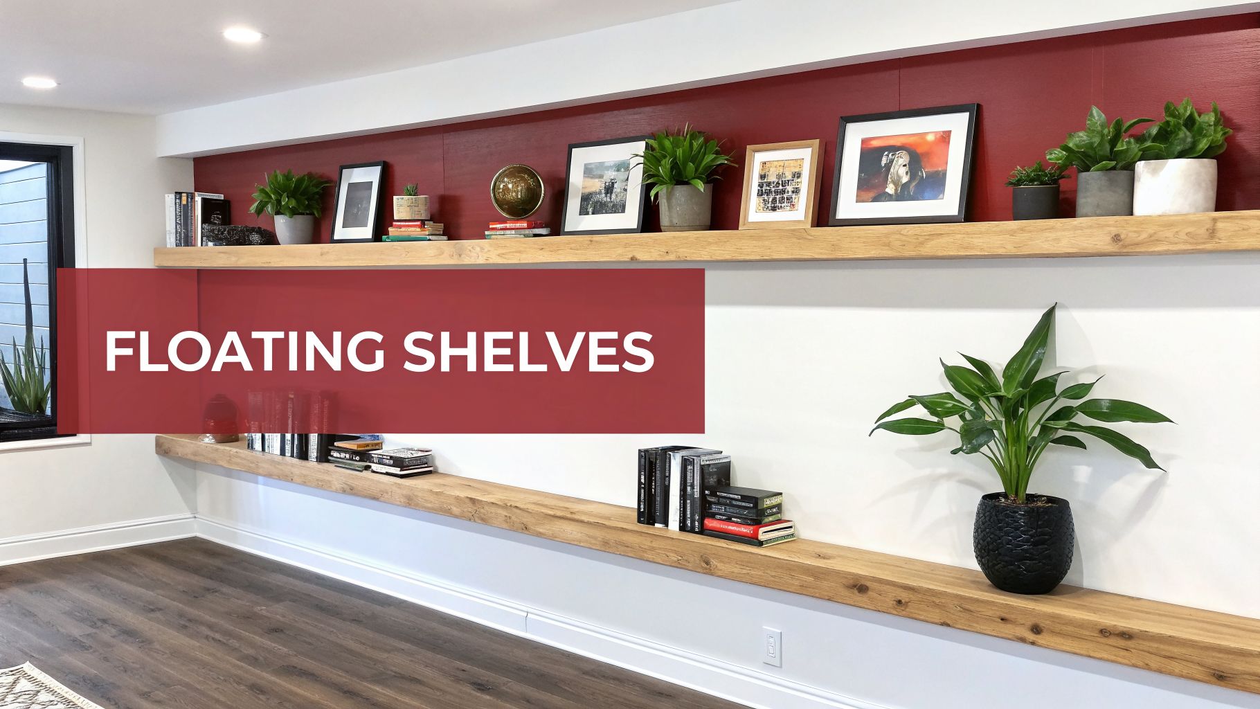 Two long wooden floating shelves on a white and red wall in a modern basement, decorated with books and plants.