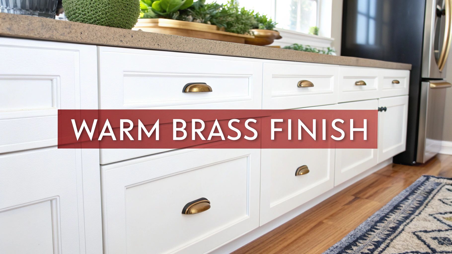White kitchen cabinets with warm brass cup pull hardware, showcasing a stylish and modern design.