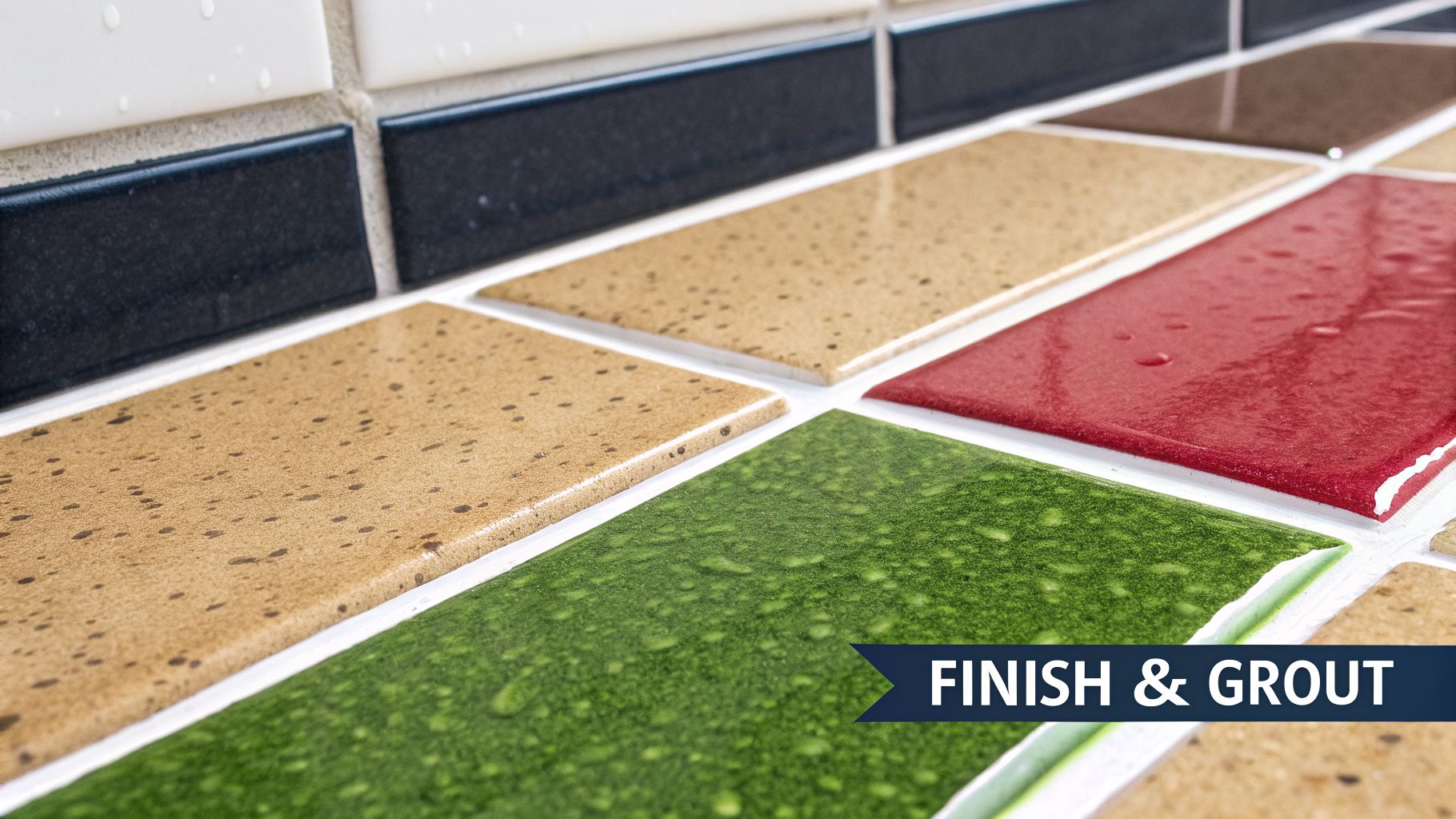 Close-up of colorful bathroom tiles in various finishes with white grout and water droplets.