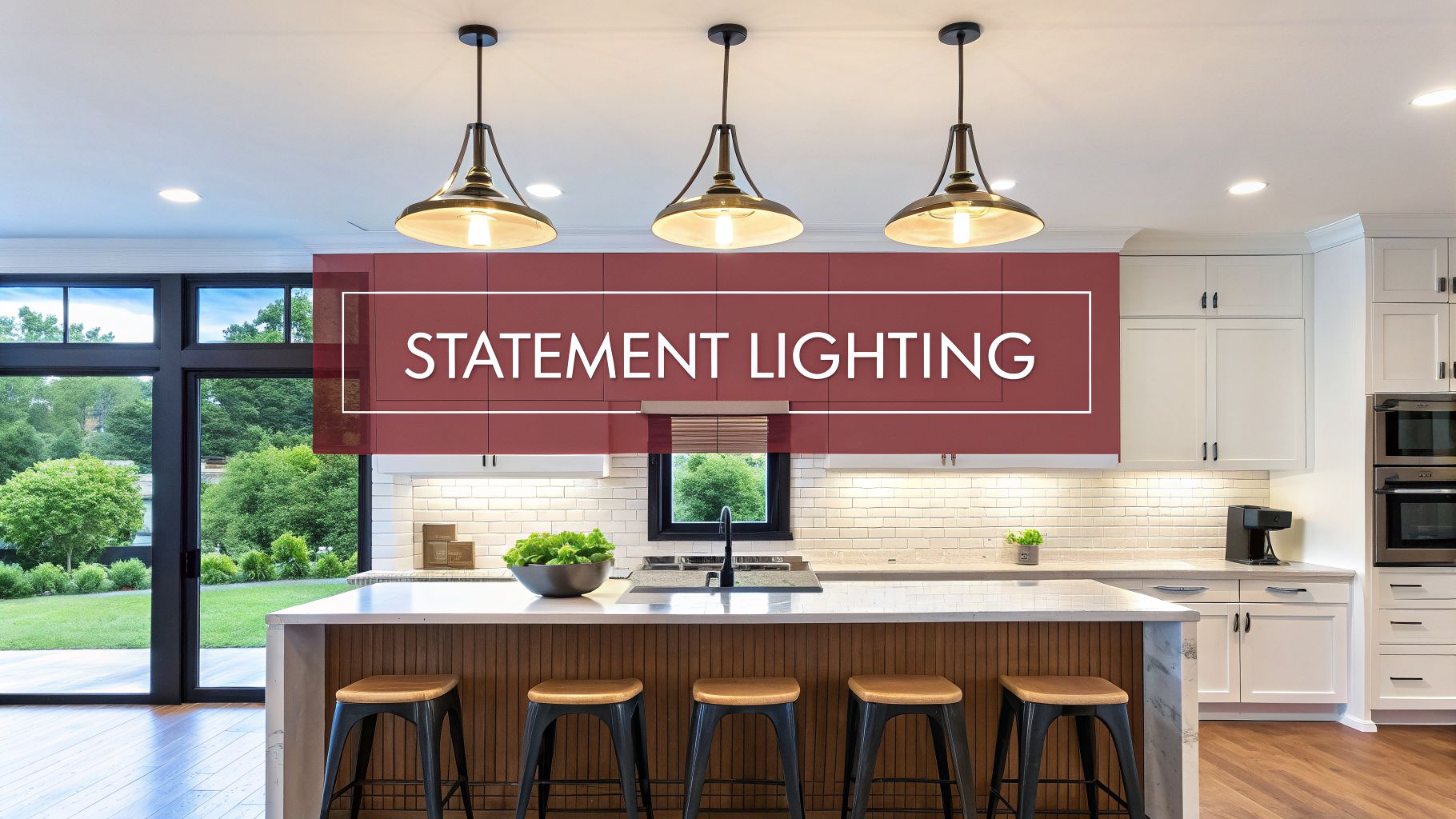 Stylish kitchen with statement pendant lighting over an island and a view to a green backyard.