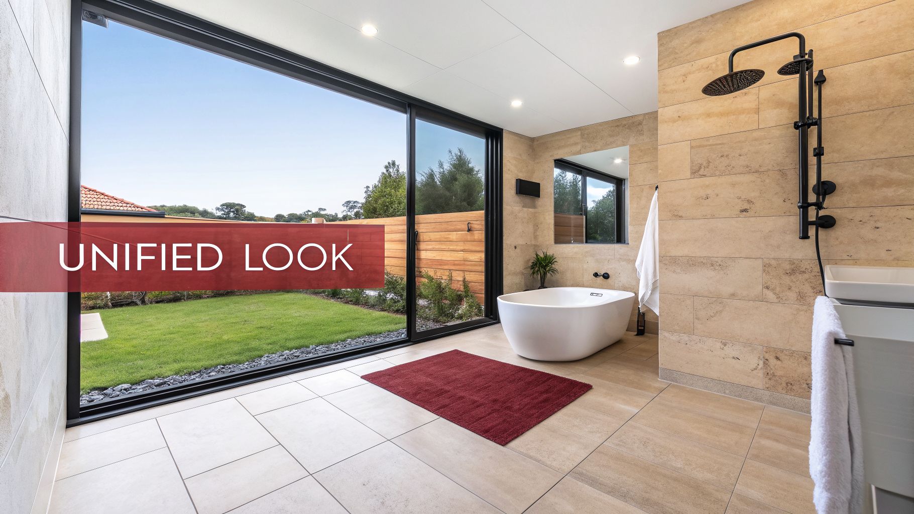 Modern bathroom with spacious large format tiles on the floor and walls, a freestanding tub, and a large window overlooking a garden.