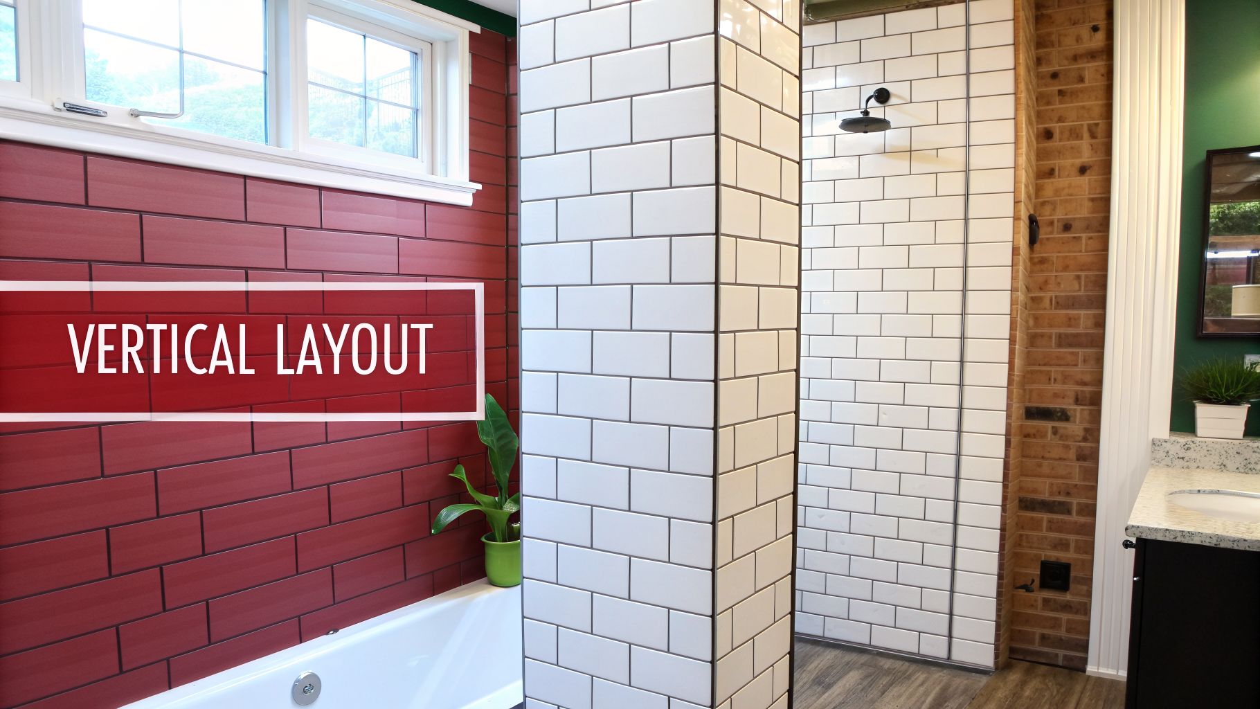 Modern bathroom showcasing red and white subway tiles in a horizontal layout.