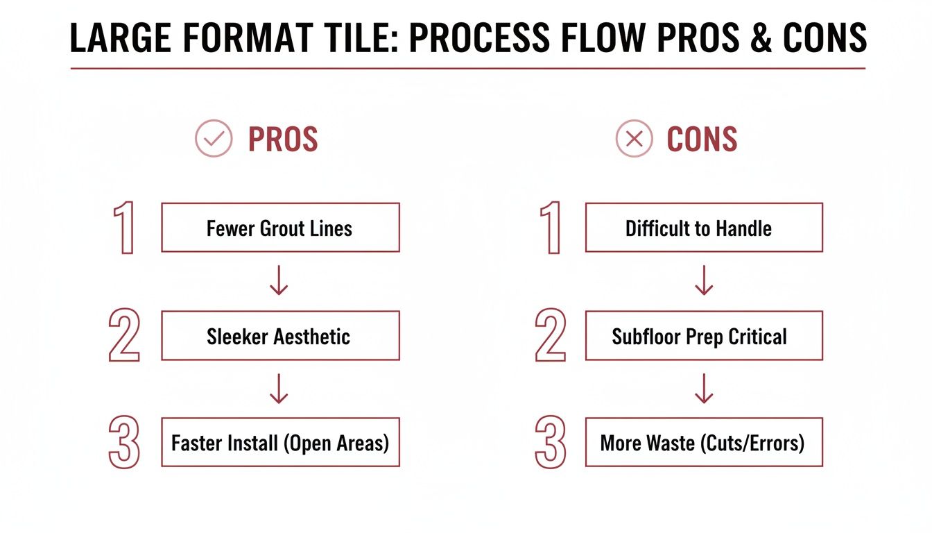 Flowchart detailing pros and cons of large format tile installation, including aesthetics and handling challenges.