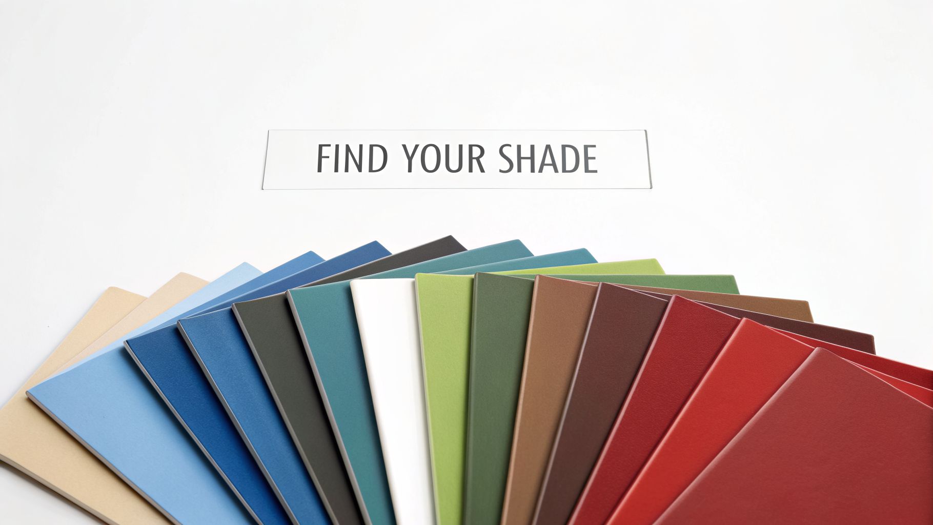 A fan of colorful paint swatches or material samples arranged on a white surface with the text 'Find Your Shade'.
