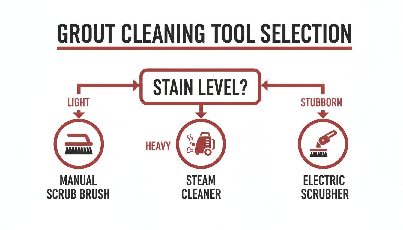 A flowchart showing grout cleaning tool selection based on stain level: light, heavy, or stubborn.