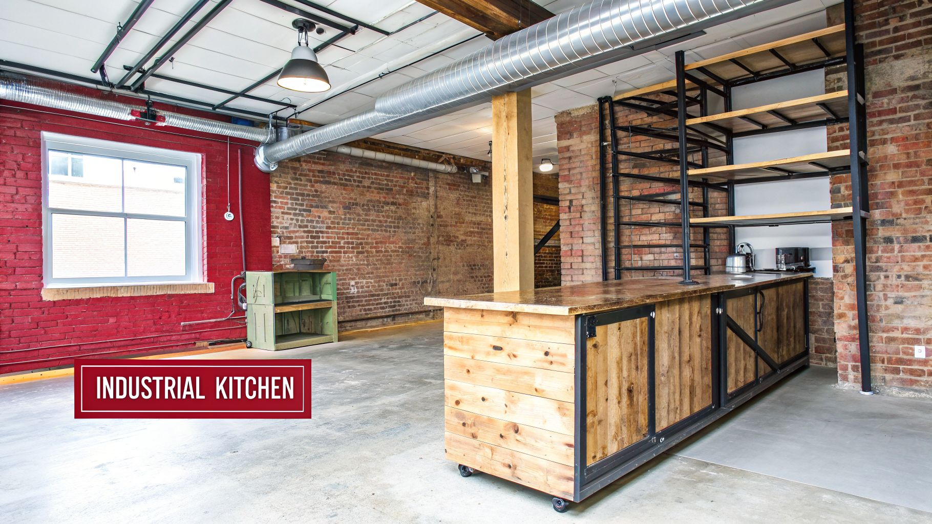An industrial-style basement kitchen featuring red brick walls, concrete floors, a wooden island, and open shelving.