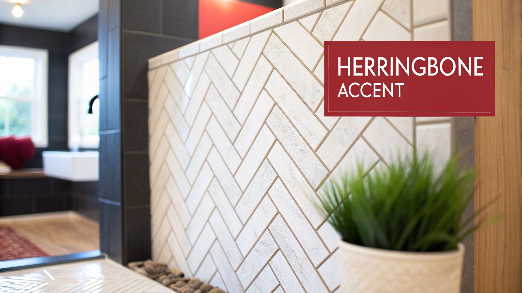 Modern bathroom with a decorative white herringbone tile accent wall, a plant, and a floating sink.