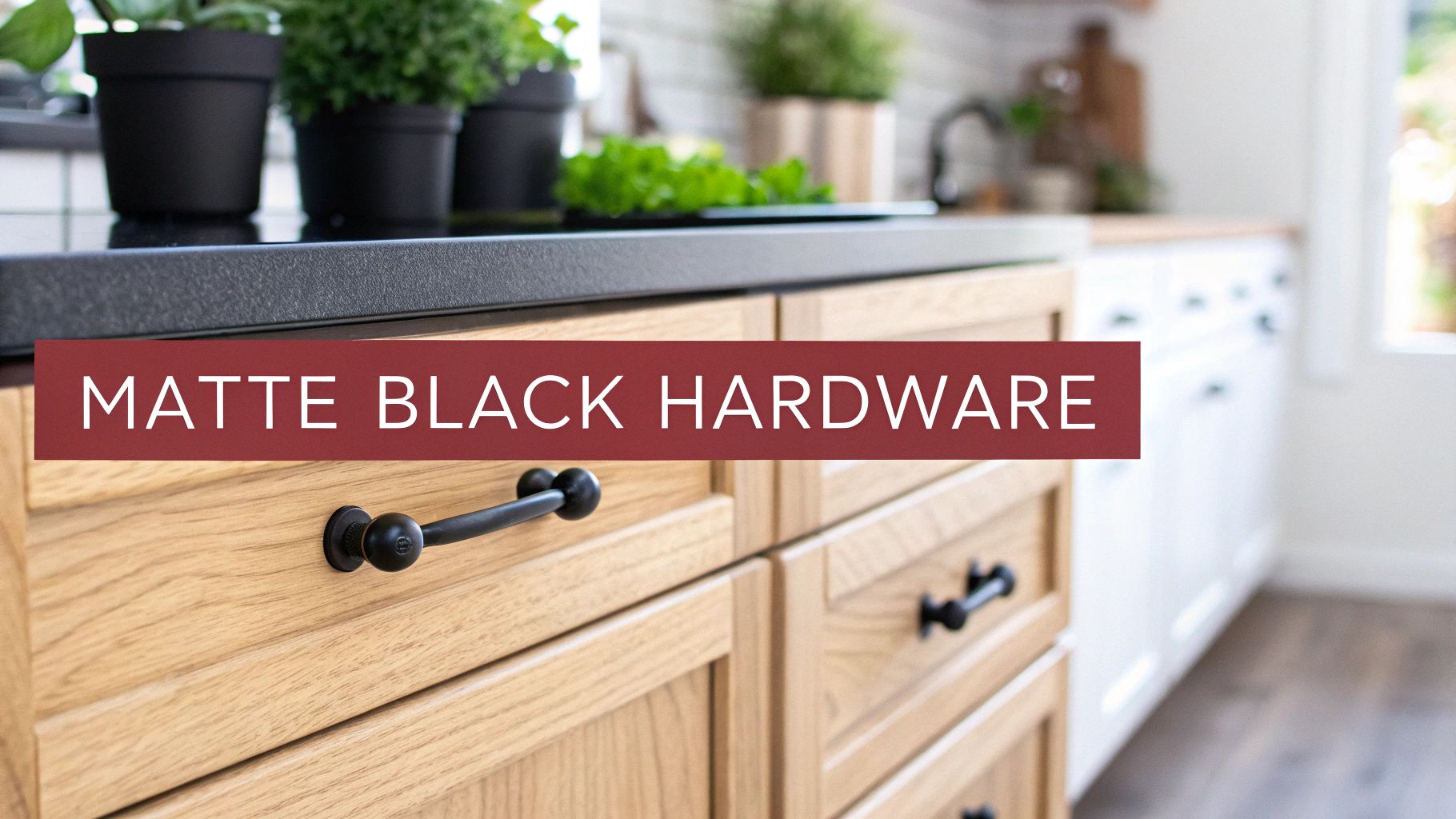 Close-up of light wood kitchen cabinets featuring matte black hardware pulls and a black countertop.