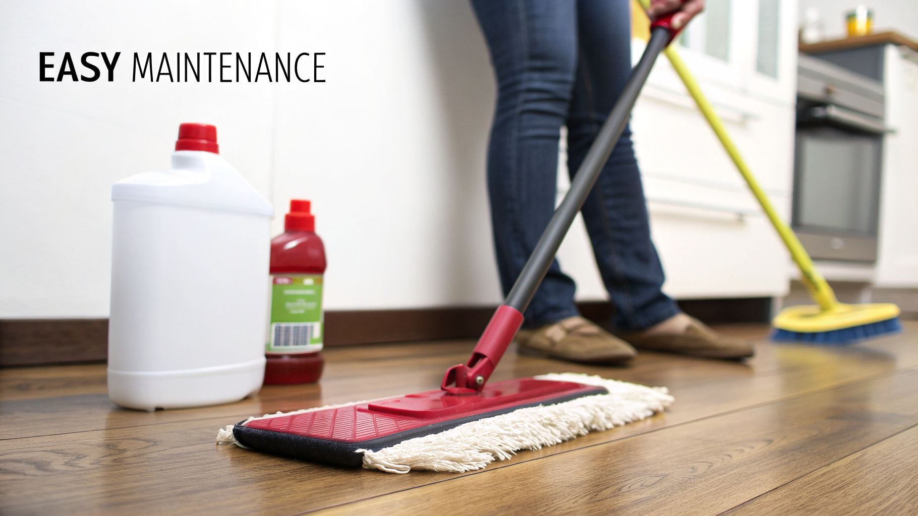 A person mops a shiny wooden floor in a kitchen, with cleaning product bottles nearby.