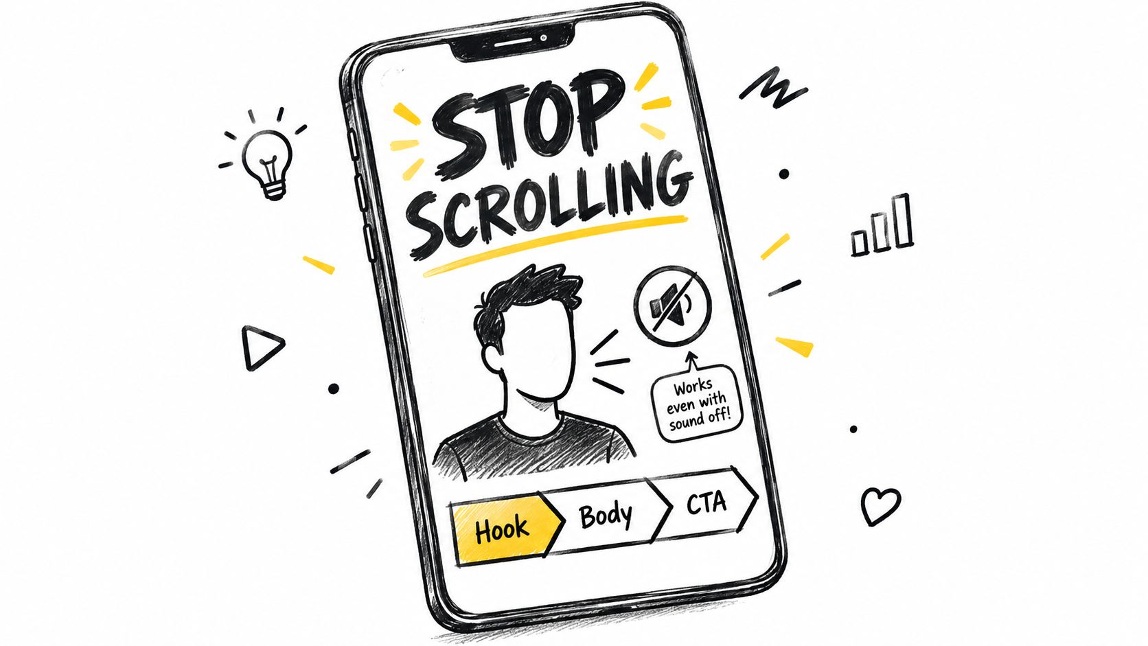 A hand-drawn illustration on a smartphone screen showing elements for crafting a successful social media ad script.