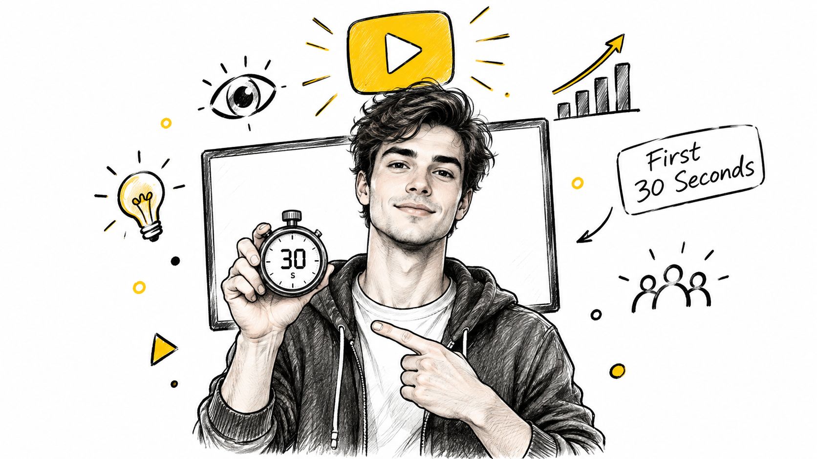 A young man holding a stopwatch showing thirty seconds, surrounded by YouTube growth and marketing concept icons.