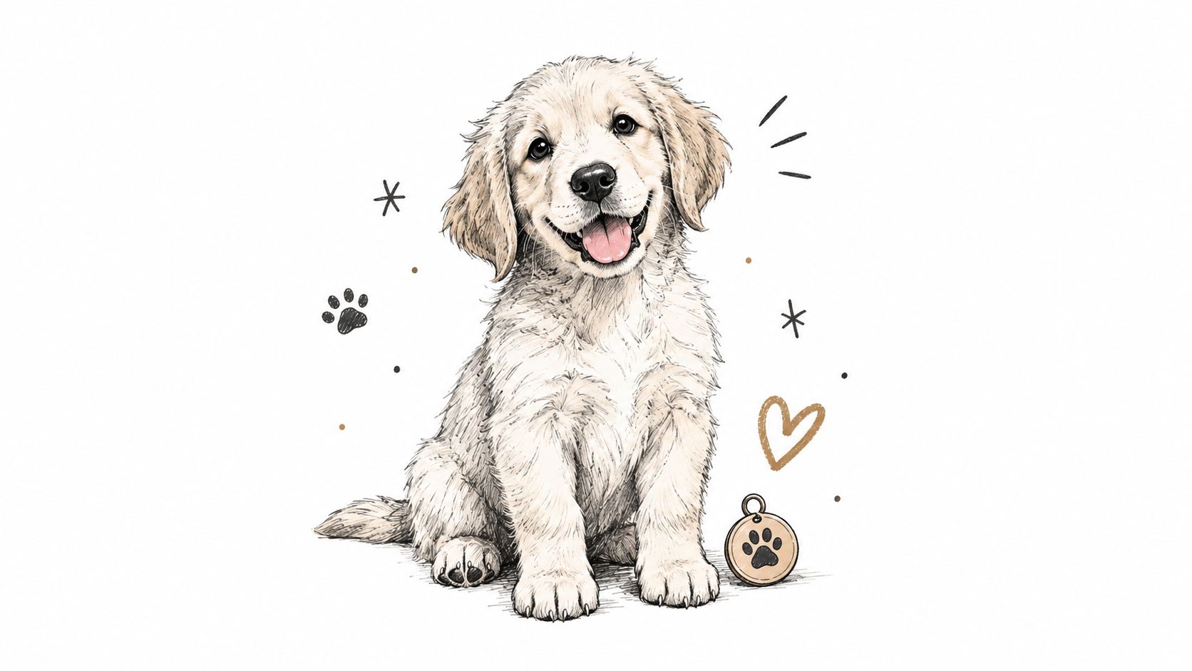 A smiling golden retriever puppy illustrated beside a paw-print tag.