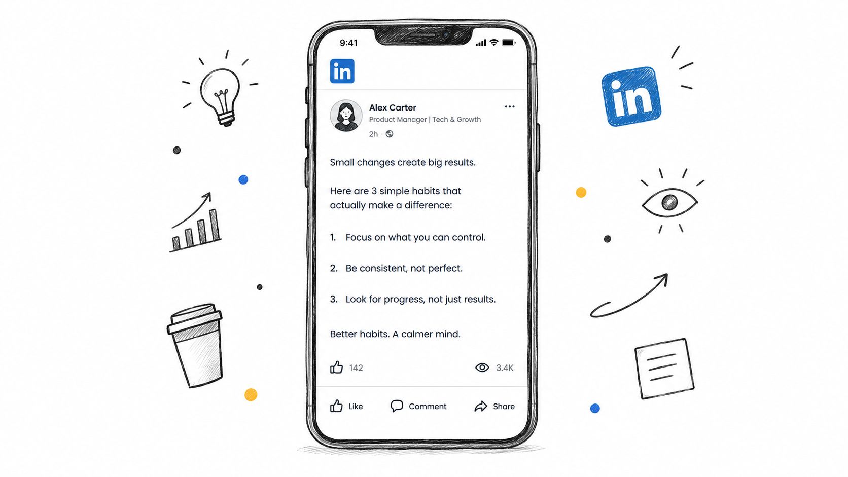 A smartphone screen displaying a professional LinkedIn post about productivity habits surrounded by business-themed hand-drawn doodles.