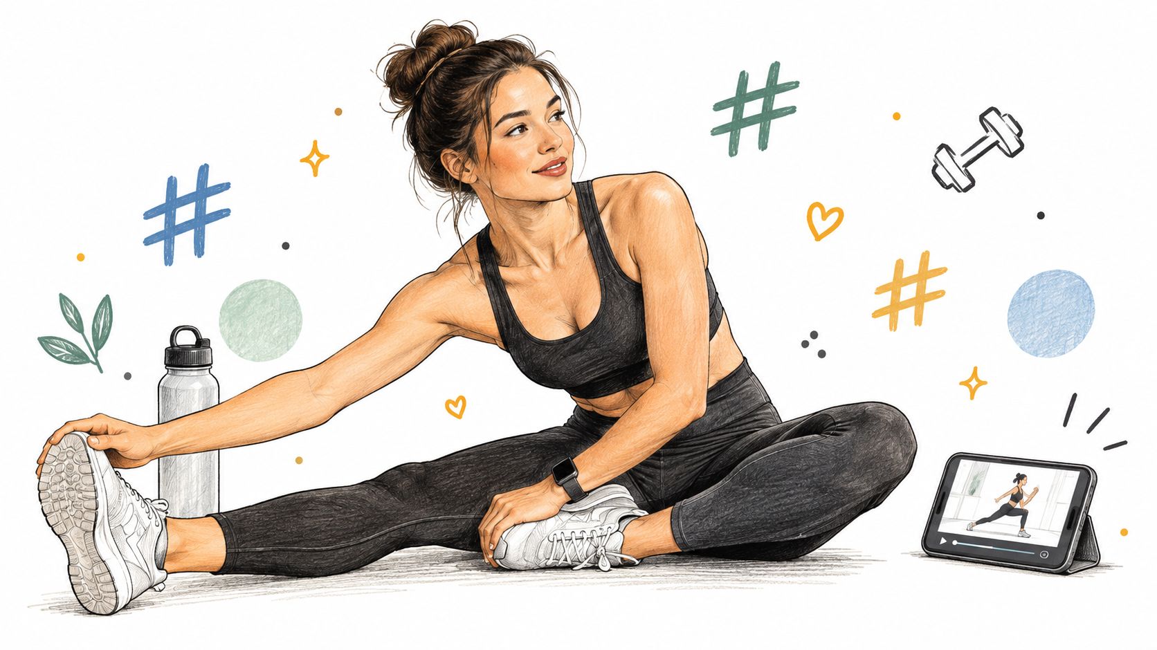 A woman in workout clothes stretching while following an online fitness tutorial on a digital tablet screen.