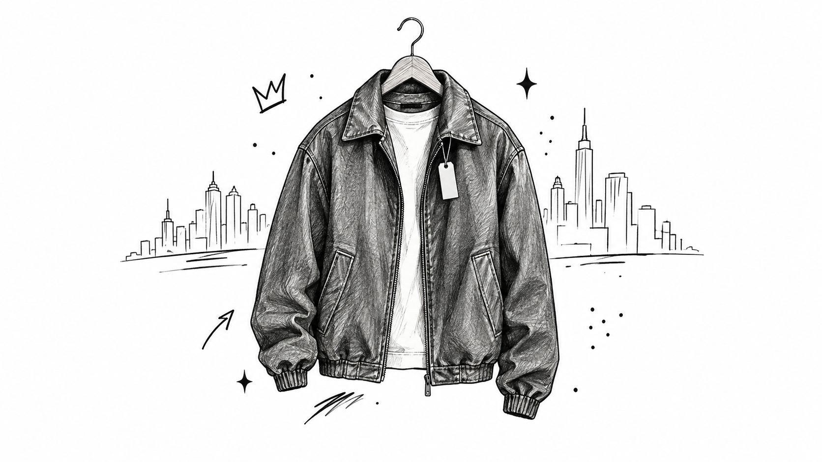 A stylish leather bomber jacket sketched against a city skyline.