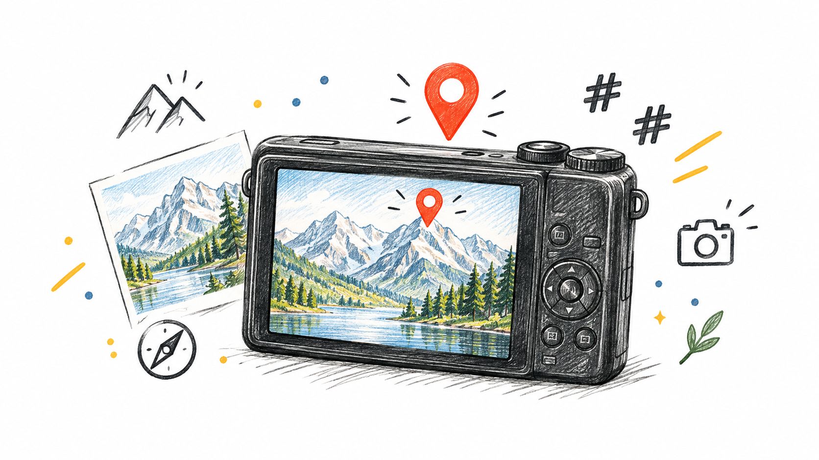 A hand-drawn digital camera displaying a scenic landscape photo with map location pins and social media icons.