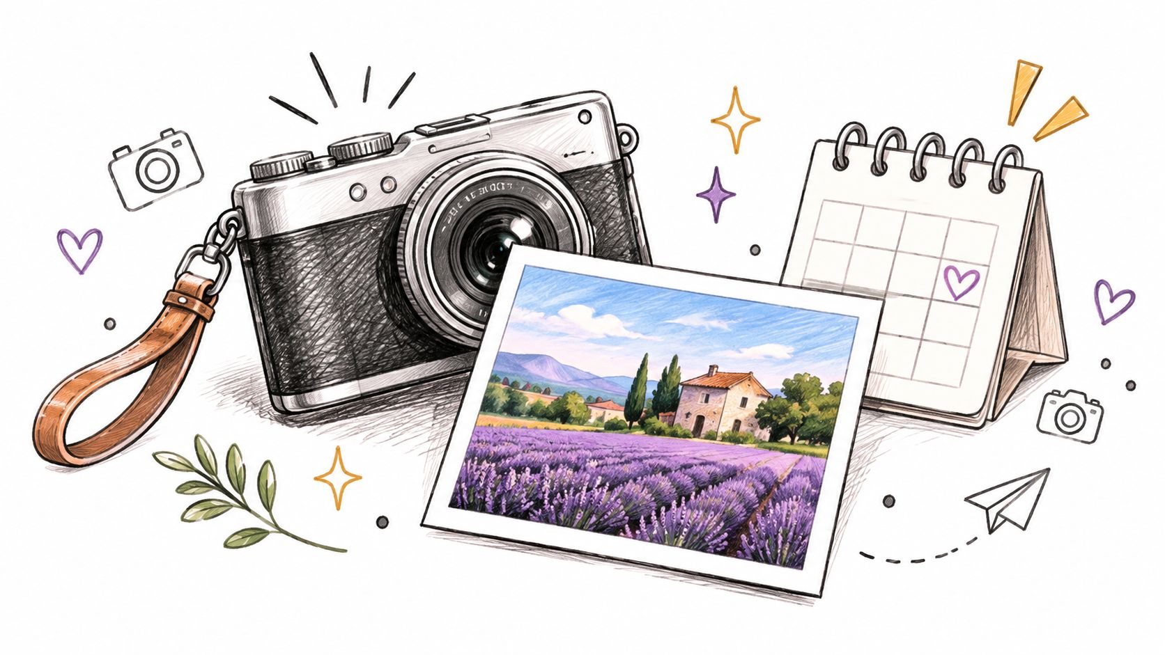 A vintage camera, a calendar, and a scenic lavender field in an artistic sketch.