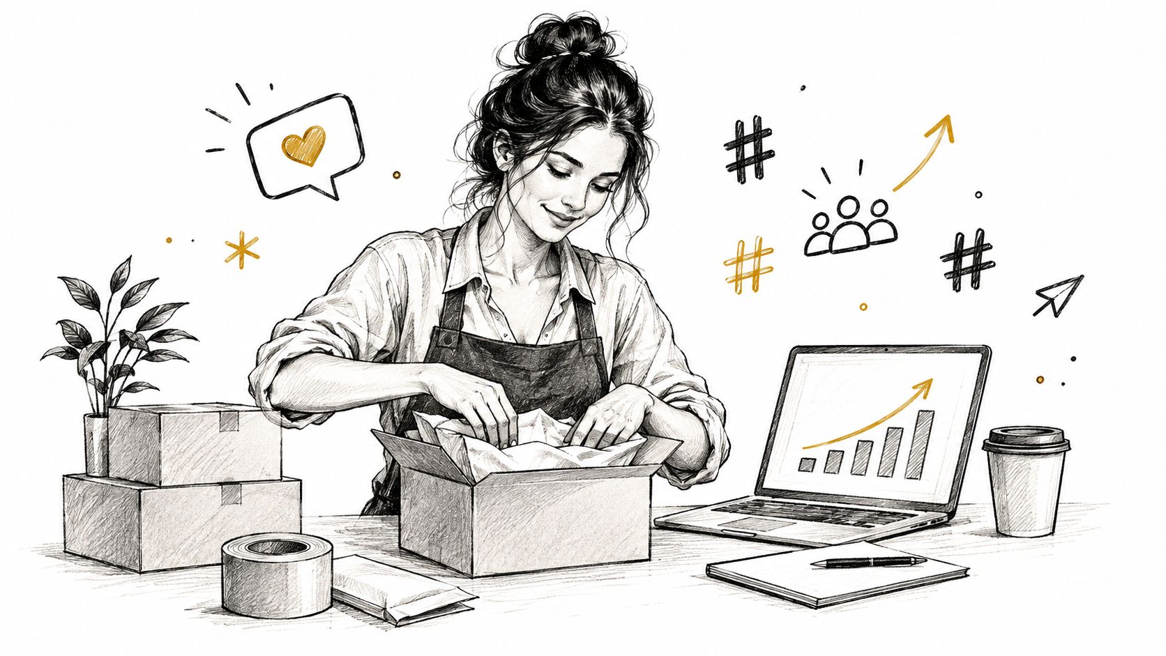 An illustration of an entrepreneur packing a shipment box with social media analytics shown on a laptop screen.
