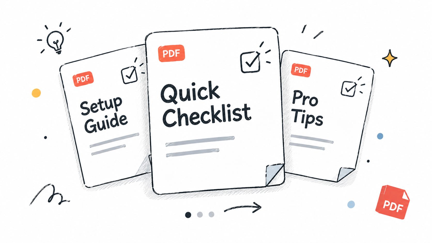 Three white documents illustrated as PDFs titled Setup Guide, Quick Checklist, and Pro Tips on a background.
