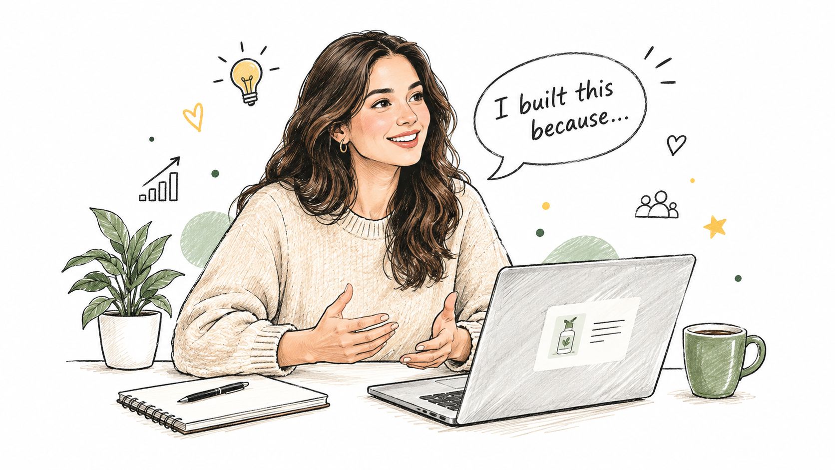 A woman smiling while explaining her project on a laptop in a cozy, hand-drawn style illustration.