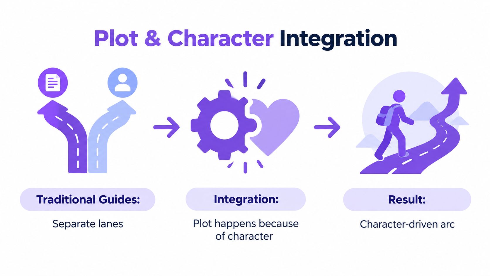 A diagram illustrating the integration of plot and characters to create a character-driven narrative arc.