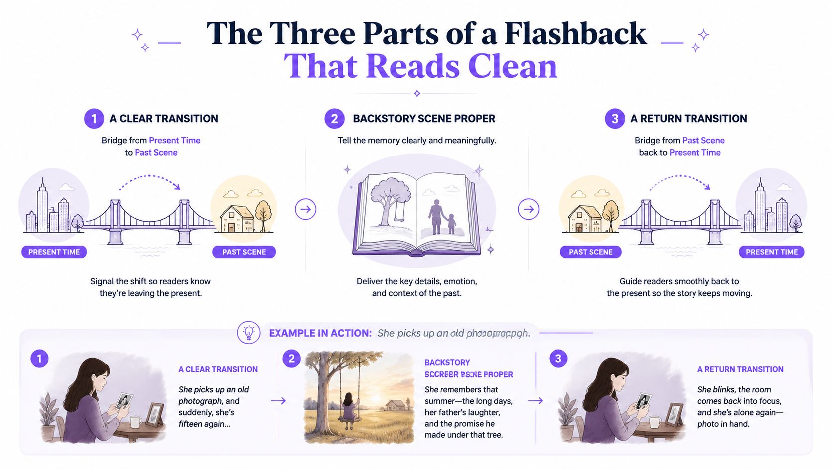 A diagram explaining the three parts of a clean flashback: transition, backstory, and return transition with examples.
