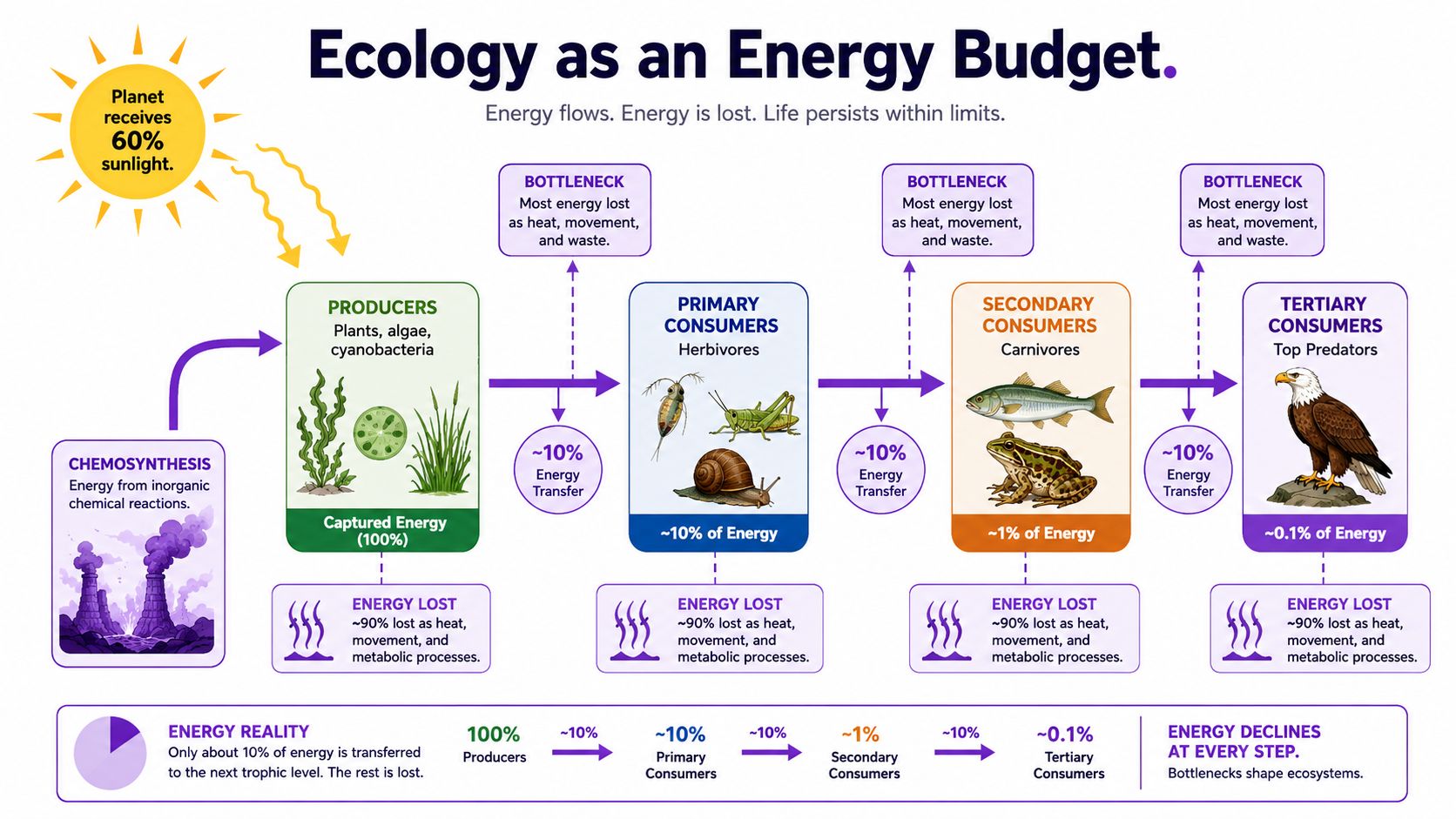 A diagram illustrating energy flow through trophic levels in an ecosystem with percentage-based energy transfer efficiency.