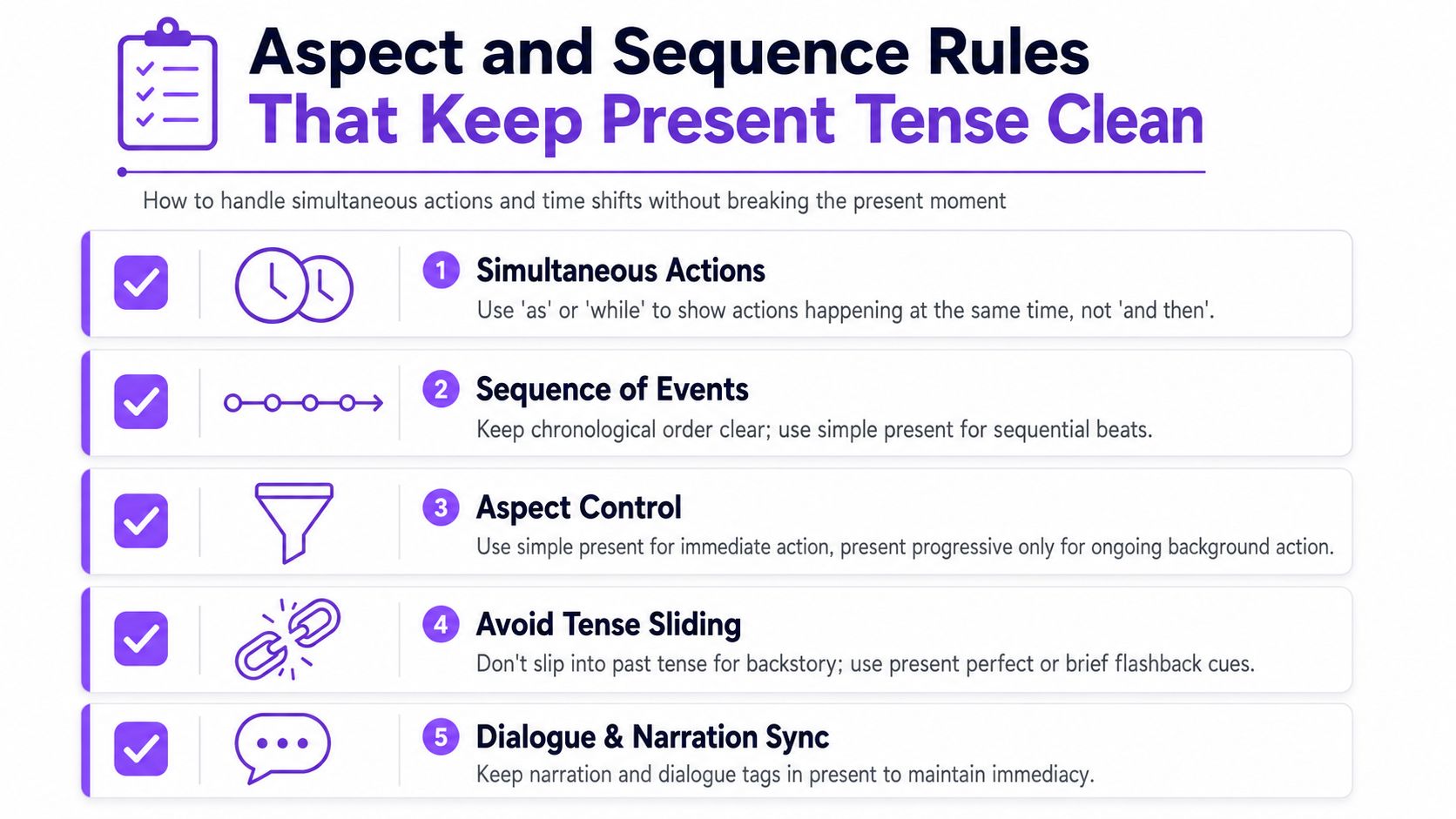 An infographic titled Aspect and Sequence Rules for writing in present tense, detailing five grammatical guidelines.