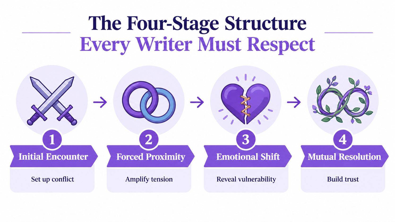 A diagram illustrating the four-stage narrative structure for writing an enemies to lovers romantic arc.