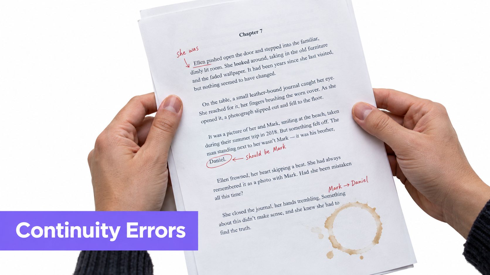 A person holding a printed manuscript page with handwritten red editorial corrections and a coffee stain.
