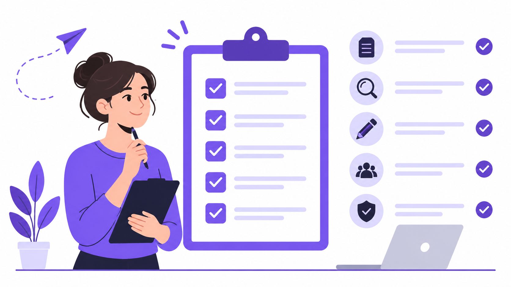 A woman holding a clipboard with a checklist standing next to a list of completed business tasks.