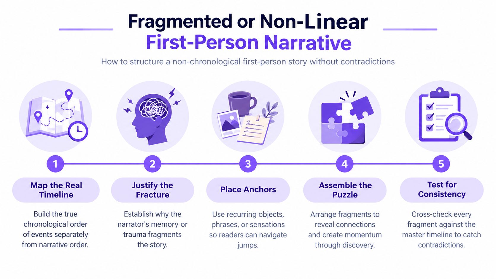 A five-step guide on how to structure a fragmented or non-linear first-person narrative for creative writing.